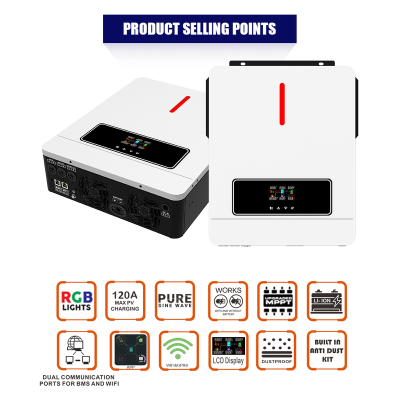  ECO 6.2KW On/off Grid Solar Inverter 60 ~ 500VDC 120A MPPT شاحن تحكم منافذ اتصال مزدوجة لاتصالات البطارية واتصالات Wifi