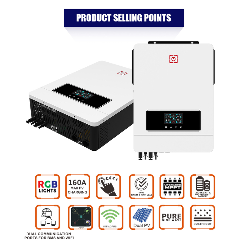 تشغيل/إيقاف العاكس الشمسي MAX DUAL PV 10.2KW 160A MPPT منافذ اتصال مزدوجة لاتصالات البطارية واتصالات Wifi